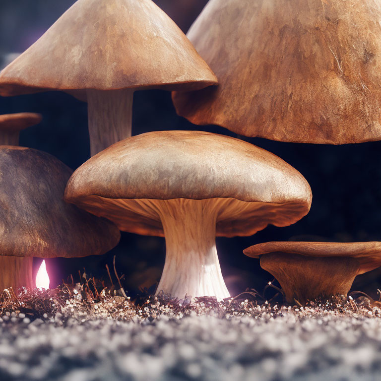 Close-up of Large Mushrooms with Soft Glow Below Cap