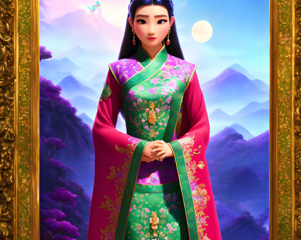 Traditional Chinese Attire Woman in Mountain Landscape