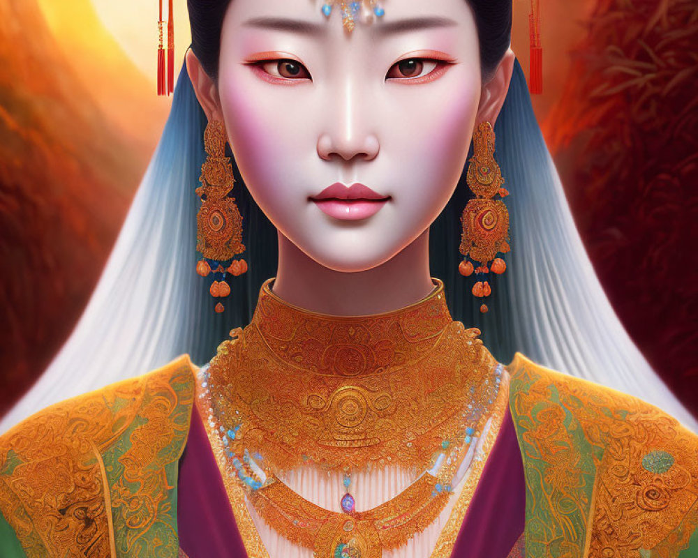 Illustrated portrait of woman in East Asian attire against red landscape