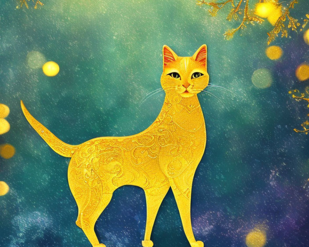 Golden Patterned Cat with Attentive Gaze Against Blue Sparkling Backdrop