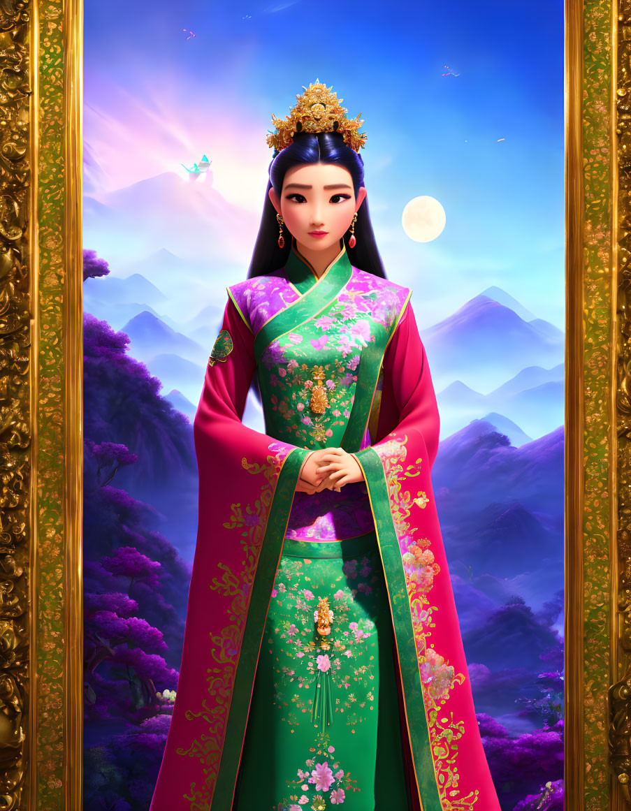 Traditional Chinese Attire Woman in Mountain Landscape