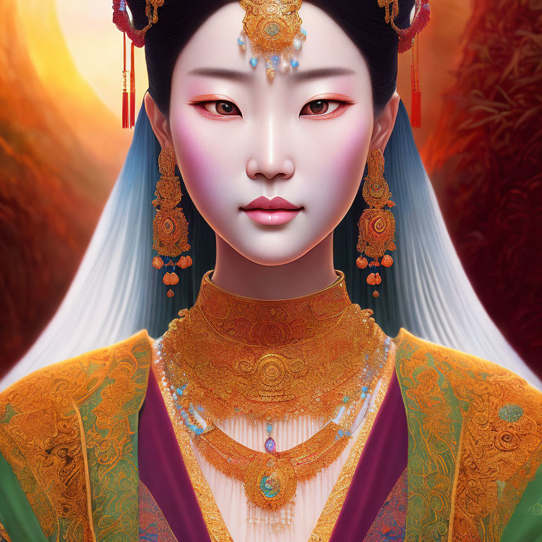 Illustrated portrait of woman in East Asian attire against red landscape