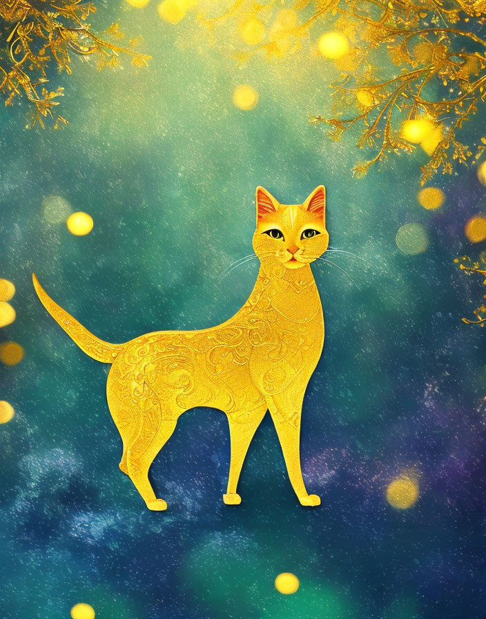 Golden Patterned Cat with Attentive Gaze Against Blue Sparkling Backdrop