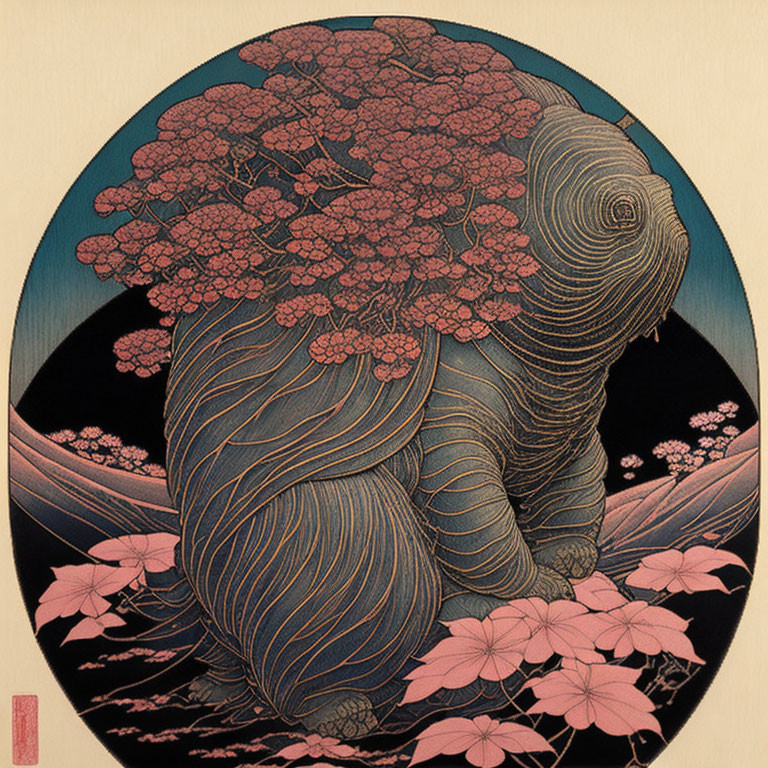 Detailed Elephant Artwork with Floral Patterns in Circular Frame