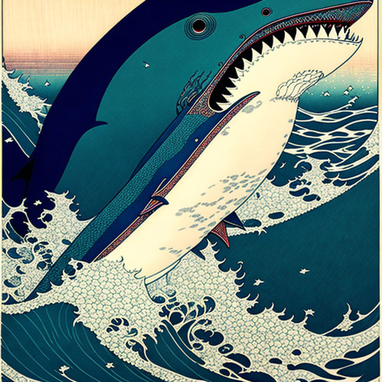 Giant shark in traditional Japanese art style emerging from waves