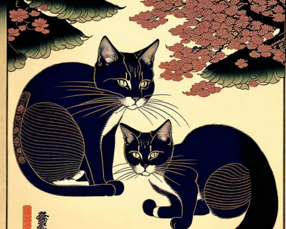 Stylized cats under cherry blossoms in Japanese Ukiyo-e style