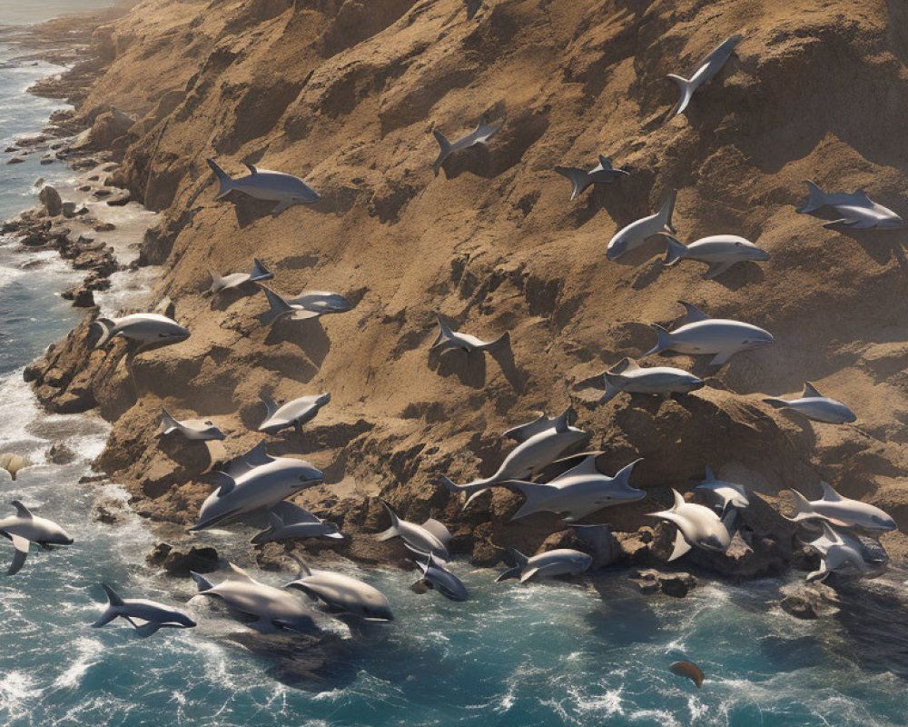 Dolphins leaping over ocean waves near rocky coastline