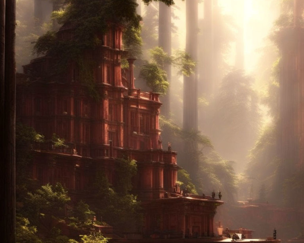 Mystical forest setting with ancient ornate building