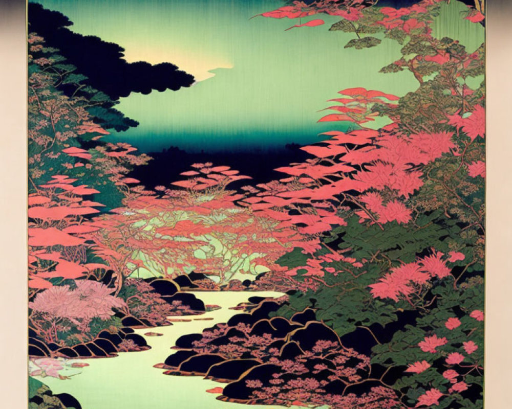 Serene landscape with flowing stream and pink foliage under gradient sky