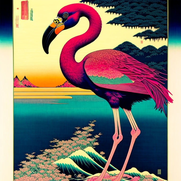 Flamingo in Japanese Ukiyo-e Style with Mount Fuji & Cherry Blossoms