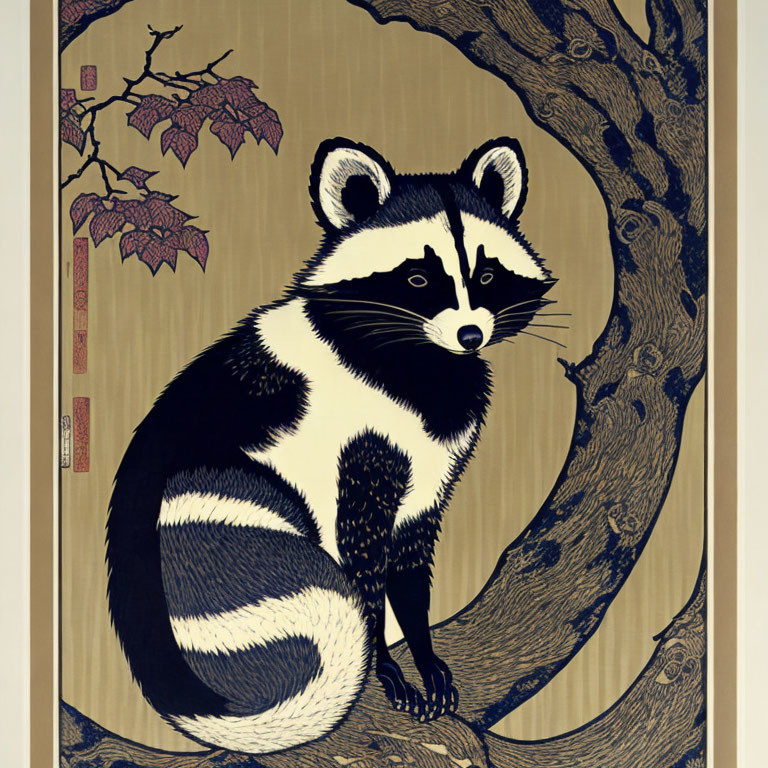 Stylized raccoon on tree branch with autumn leaves in Japanese Ukiyo-e style