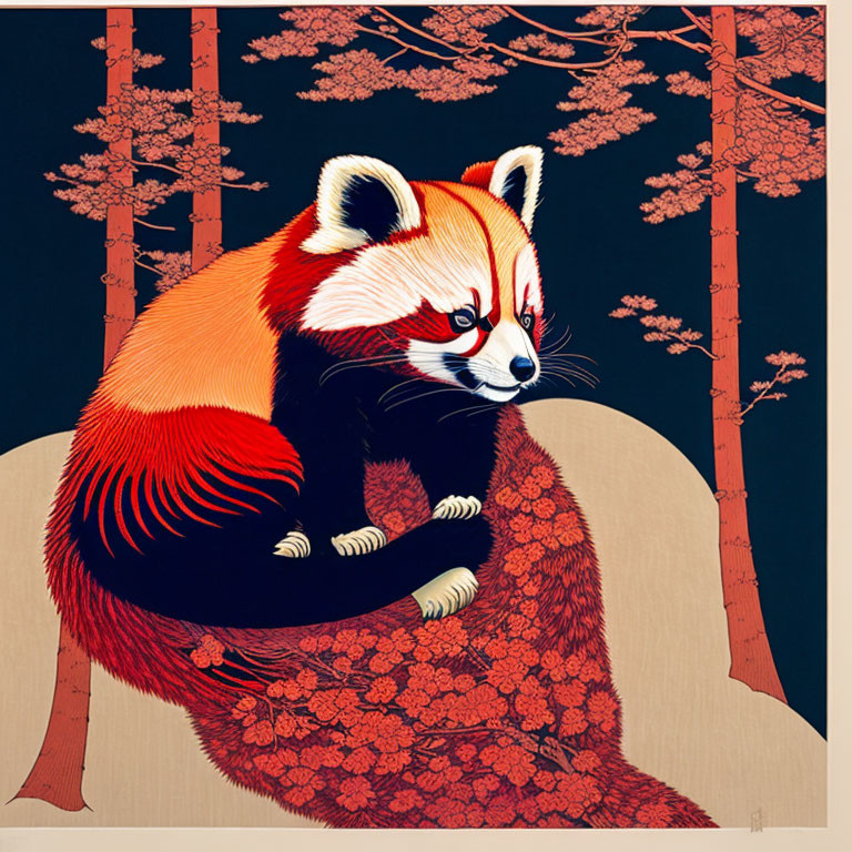 Stylized red panda illustration on branch in red-leafed tree setting