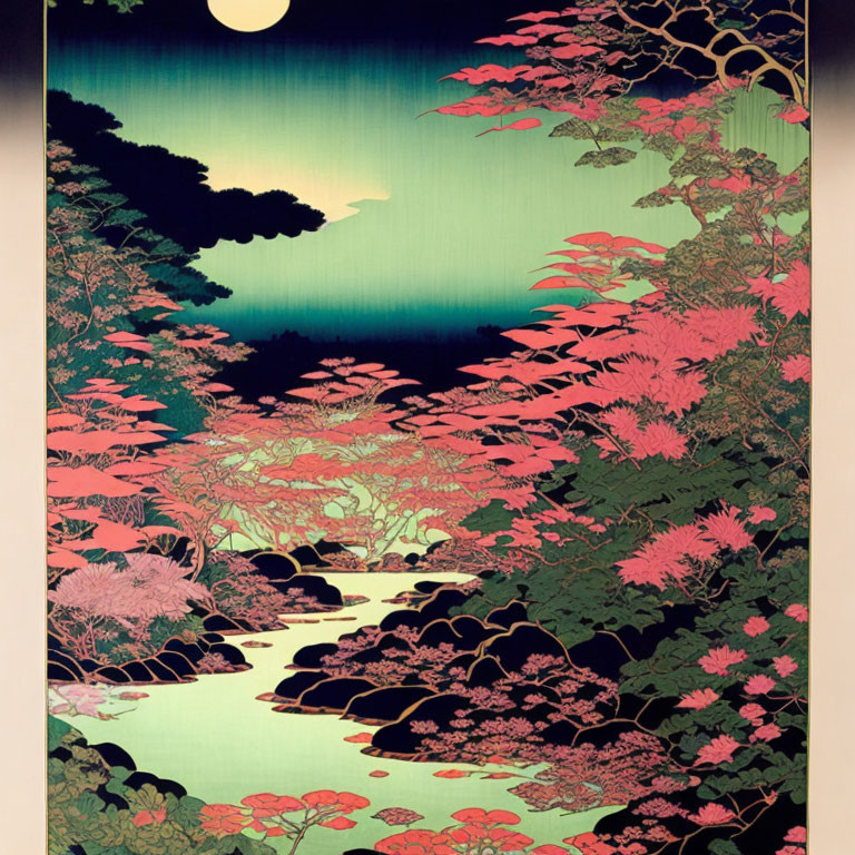 Serene landscape with flowing stream and pink foliage under gradient sky