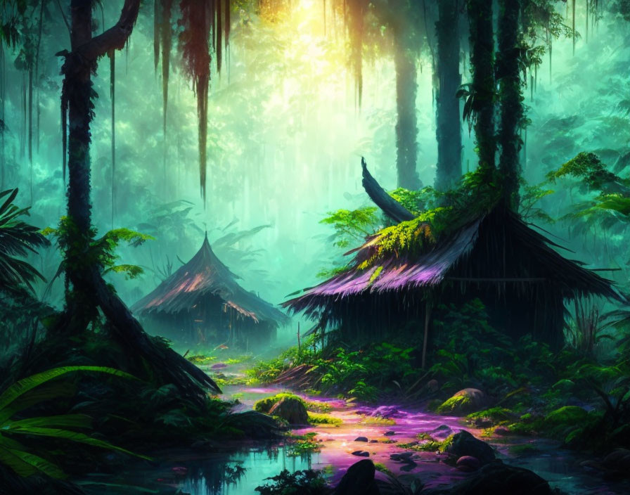 Ethereal jungle scene with vibrant green hues, mystical fog, sunlight, traditional huts, tranquil