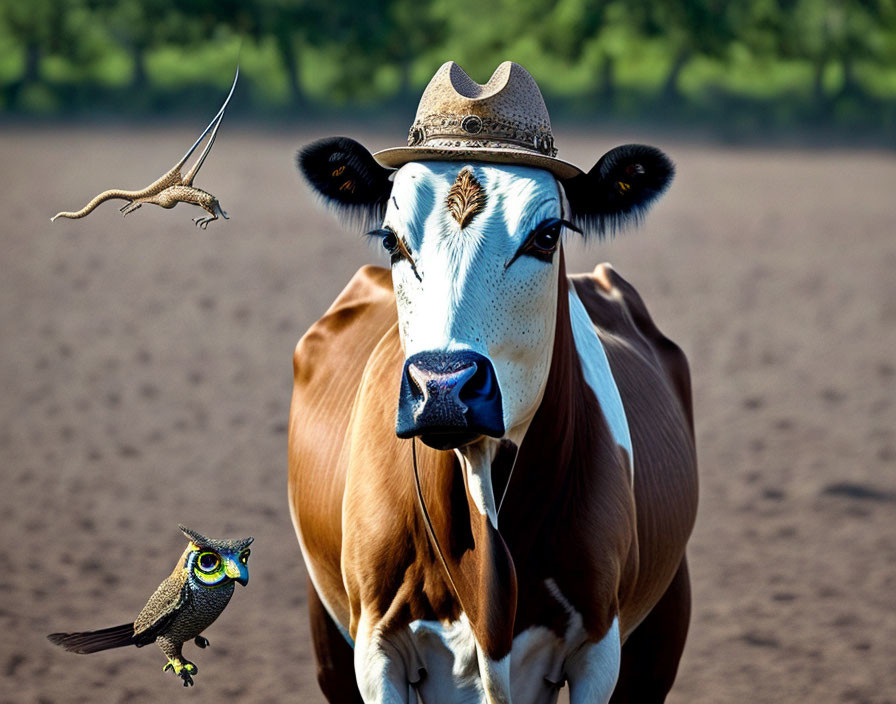 Cow with hat, owl in flight, lizard leaping - sandy background