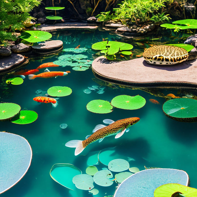 Tranquil koi pond with colorful fish and green lily pads