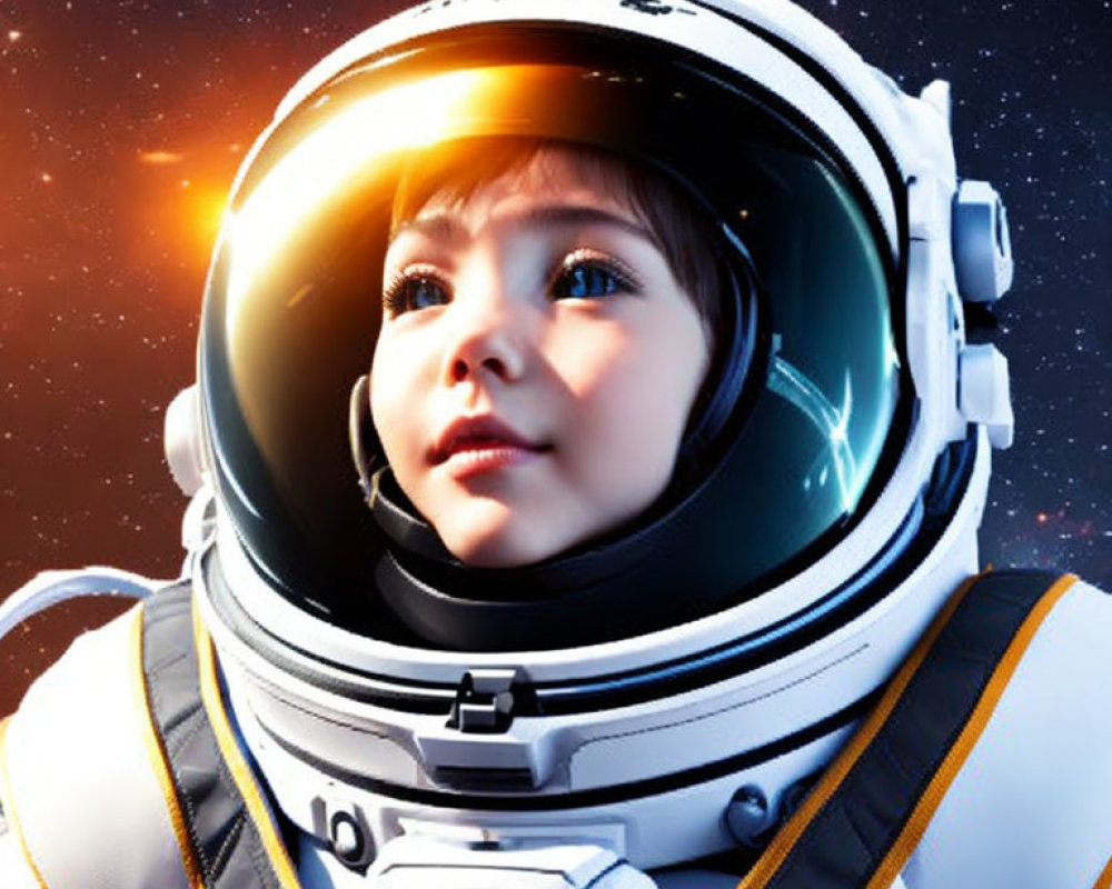 Child astronaut with wide eyes in space helmet reflecting stars.