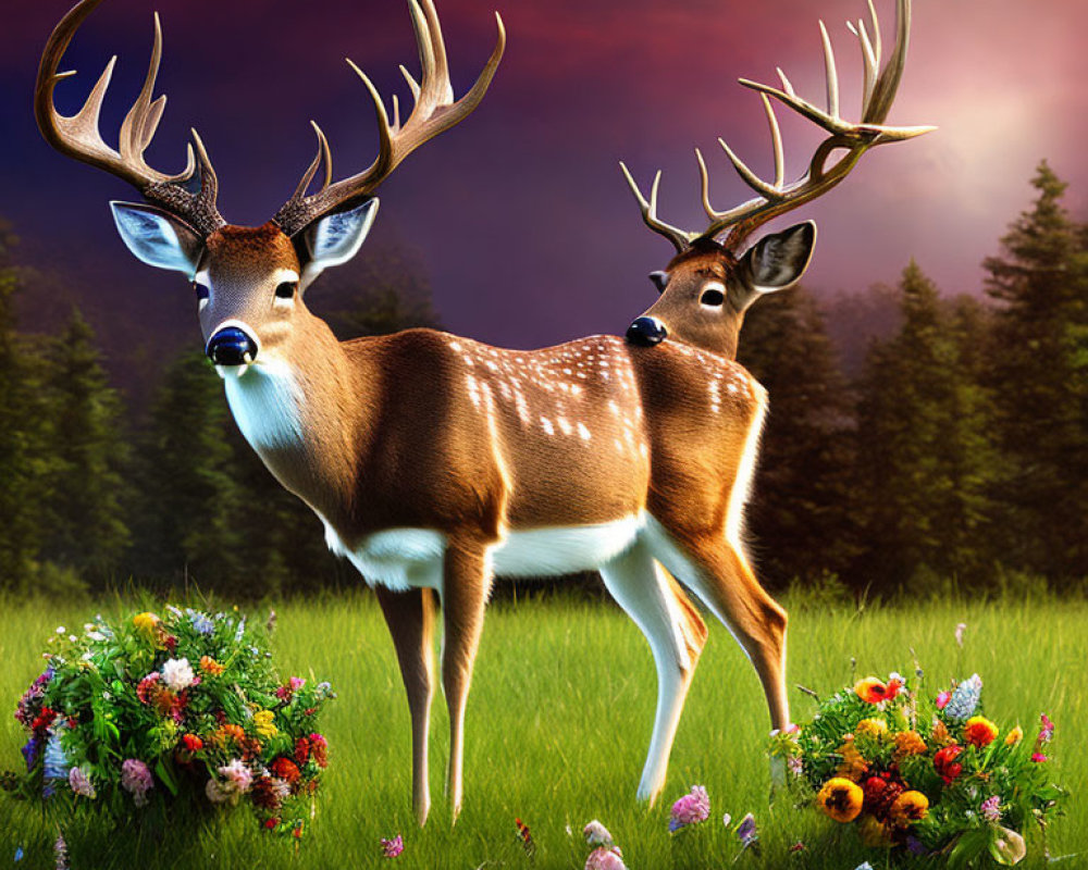 White-Tailed Deer in Vibrant Meadow at Twilight