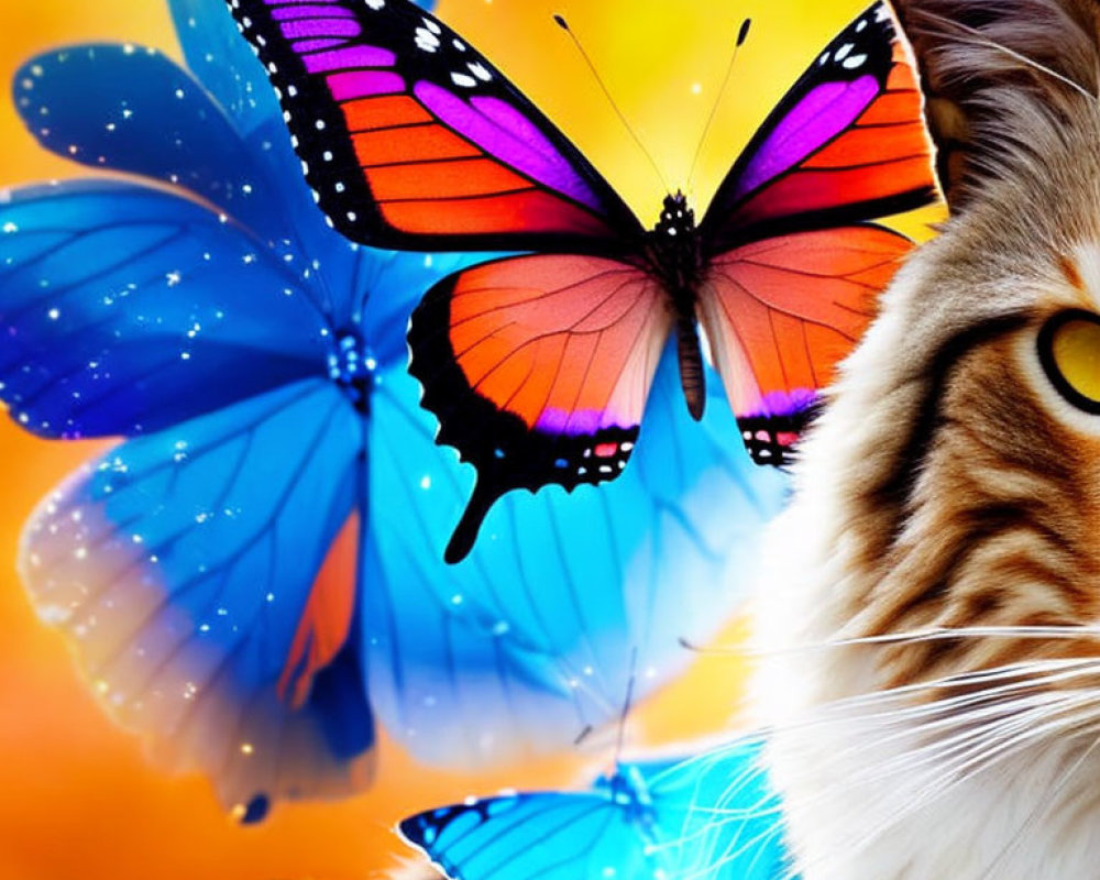 Colorful Butterfly and Cat with Striking Eyes Portrait