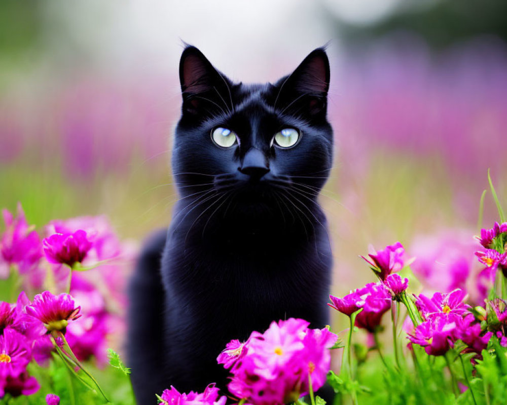 Black Cat with Blue Eyes in Purple Flower Meadow