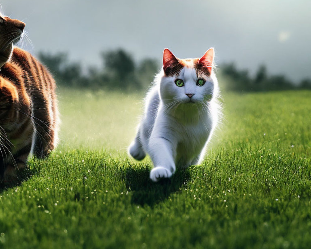 White Cat with Green Eyes Running in Lush Green Field with Brown Cat