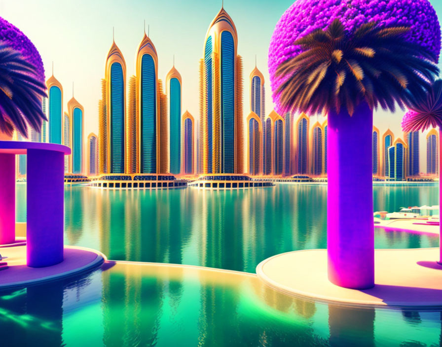 Vibrant futuristic cityscape with sleek skyscrapers by tranquil waterfront