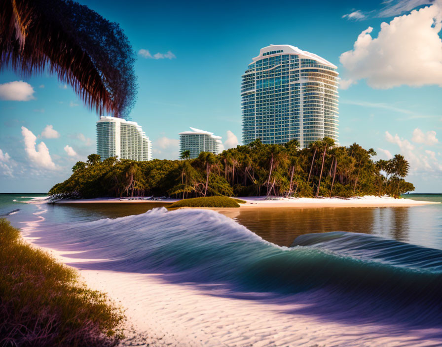 Tropical beach scene with palm trees, waves, and high-rise buildings