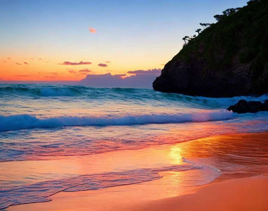 Scenic beach sunset with rolling waves and rocky headland