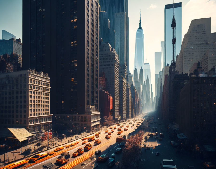 City street at sunset with high-rise buildings and yellow cabs