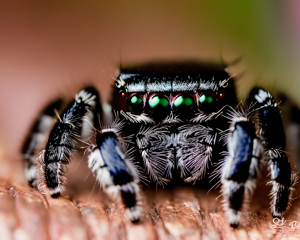 Jumping spider with green eyes and banded legs on blurred background