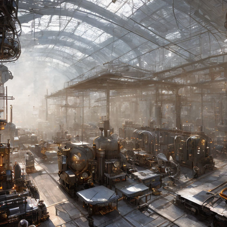 Industrial Steampunk Hall with Sunlit Glass Roofing