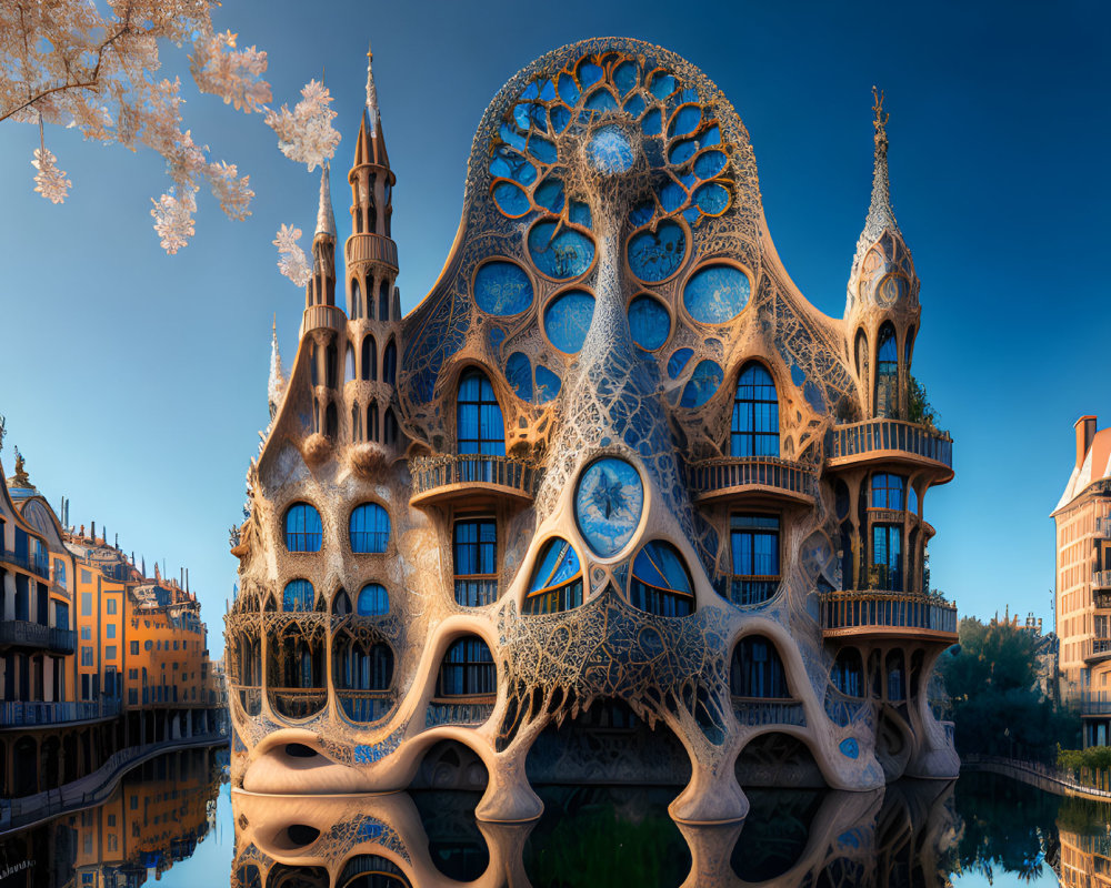 Fantastical ornate building by calm canal with organic designs under clear blue sky