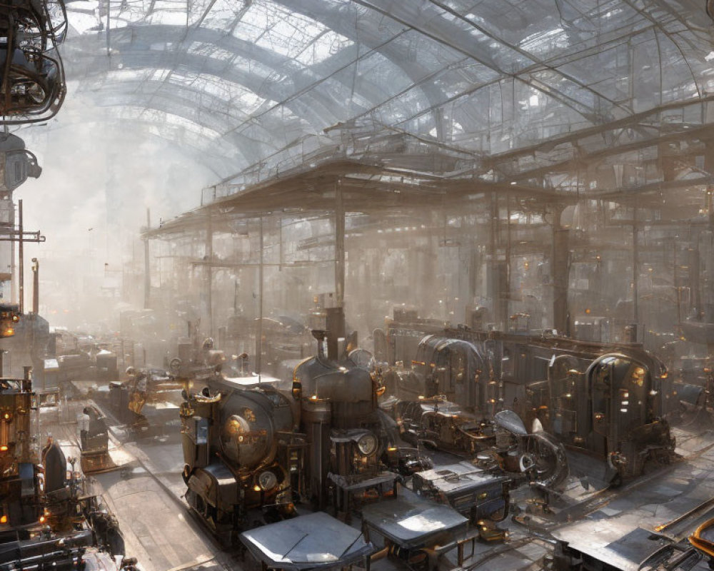 Industrial Steampunk Hall with Sunlit Glass Roofing