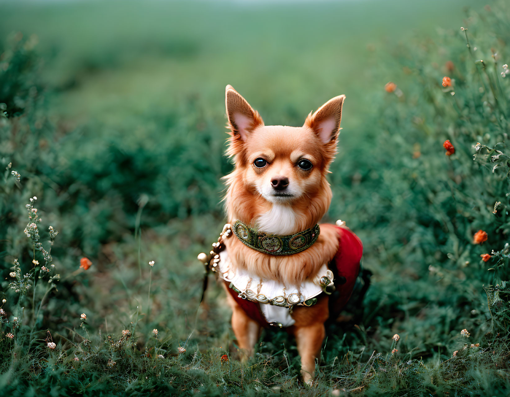 Small Chihuahua with collar in green field among wildflowers