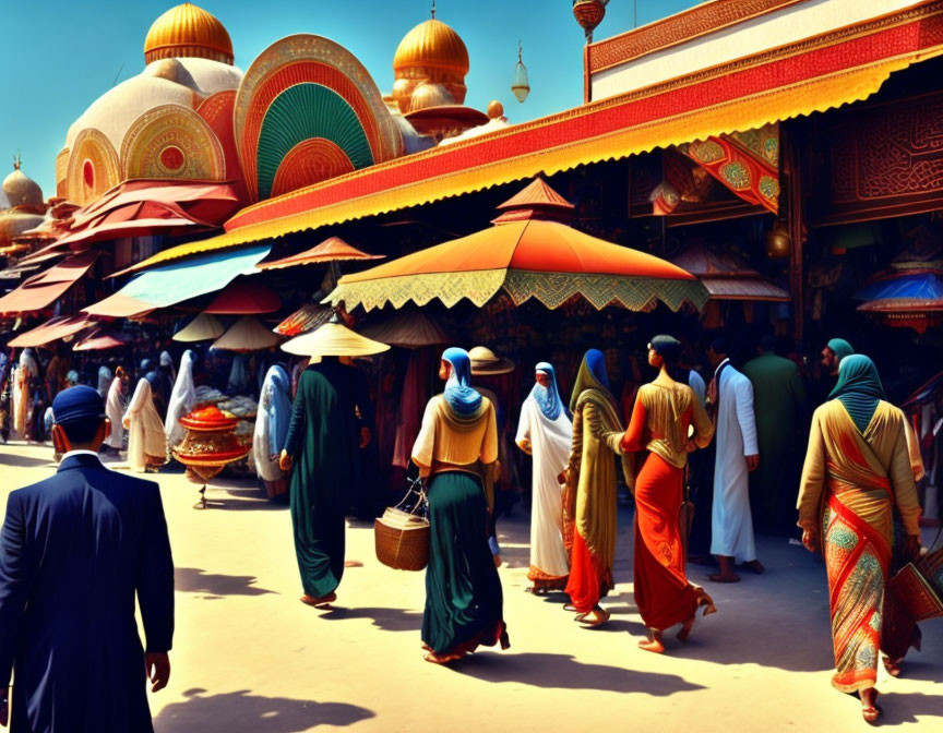 Vibrant market street with colorful umbrellas and traditional attire