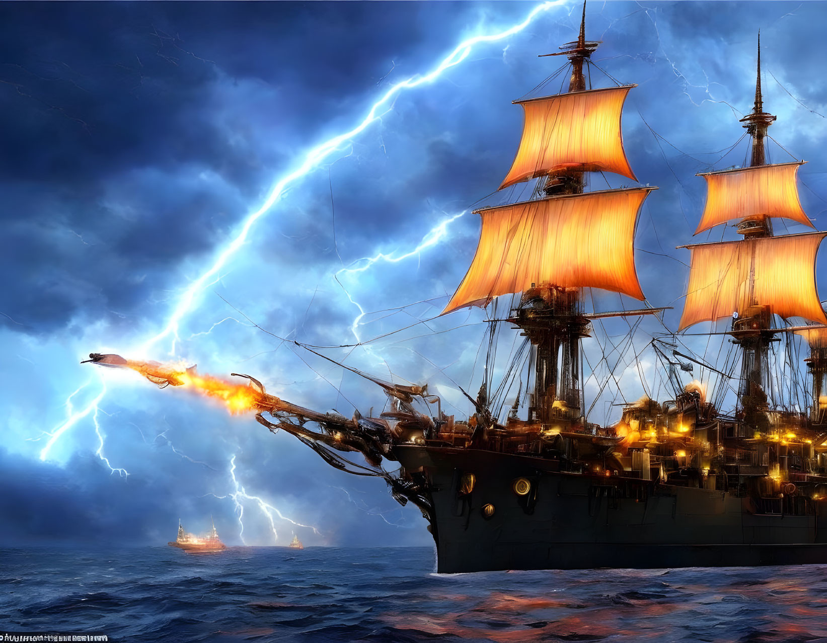 Tall ship in storm with glowing sails & firing cannon