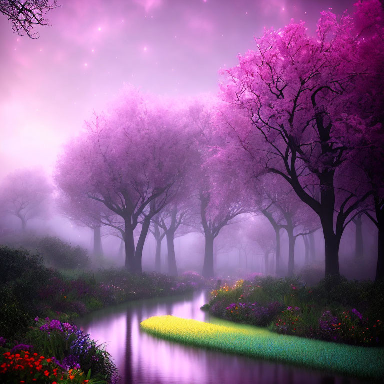 Mystical landscape with pink cherry blossoms and vibrant flowers in twilight sky