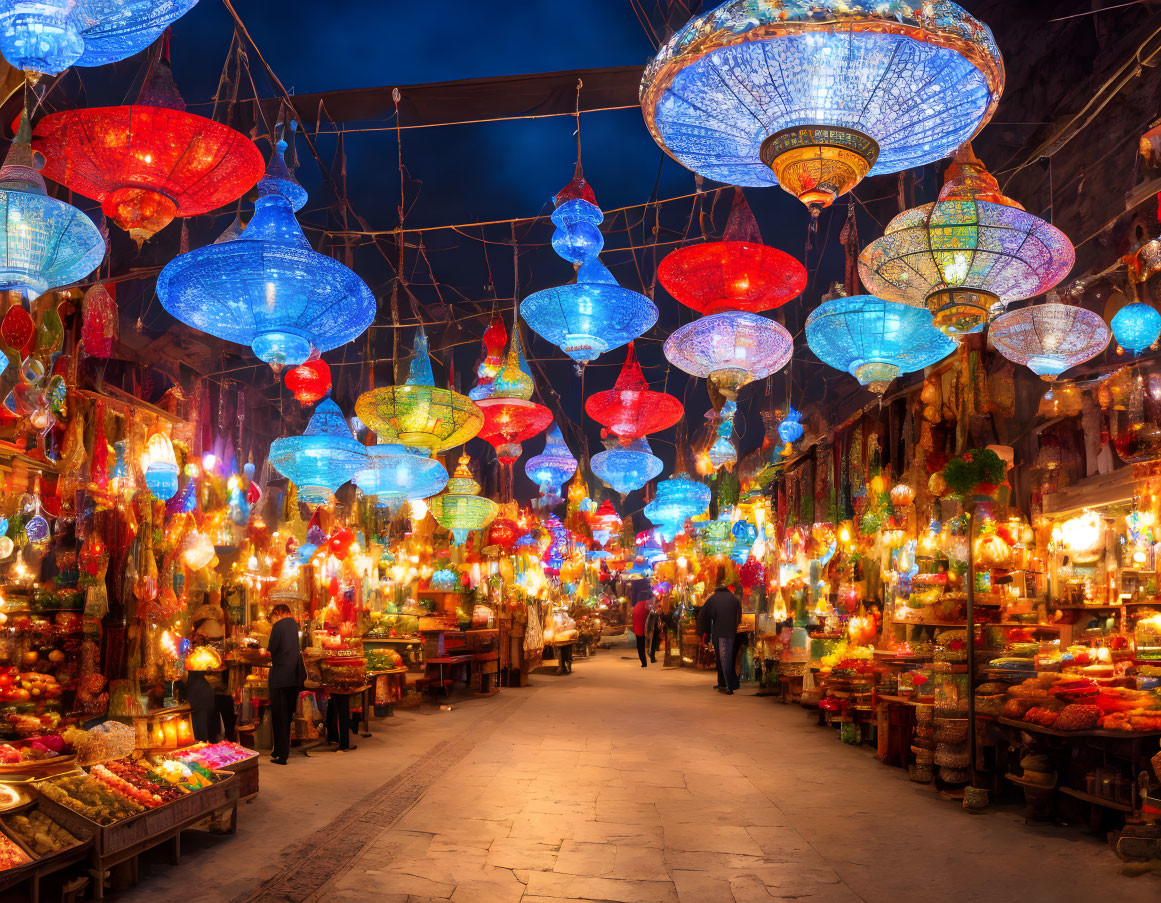 Colorful Dusk Street Market with Hanging Lanterns and Fruit Stalls