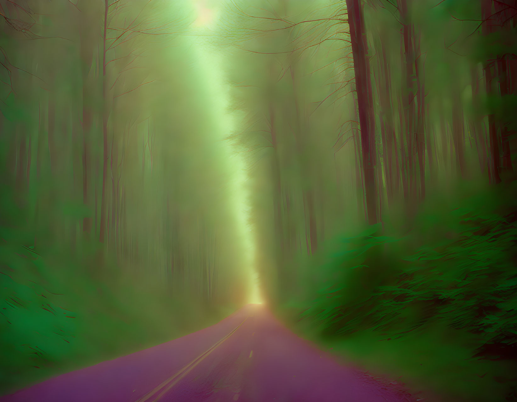 Surreal forest scene with purple road and misty green light