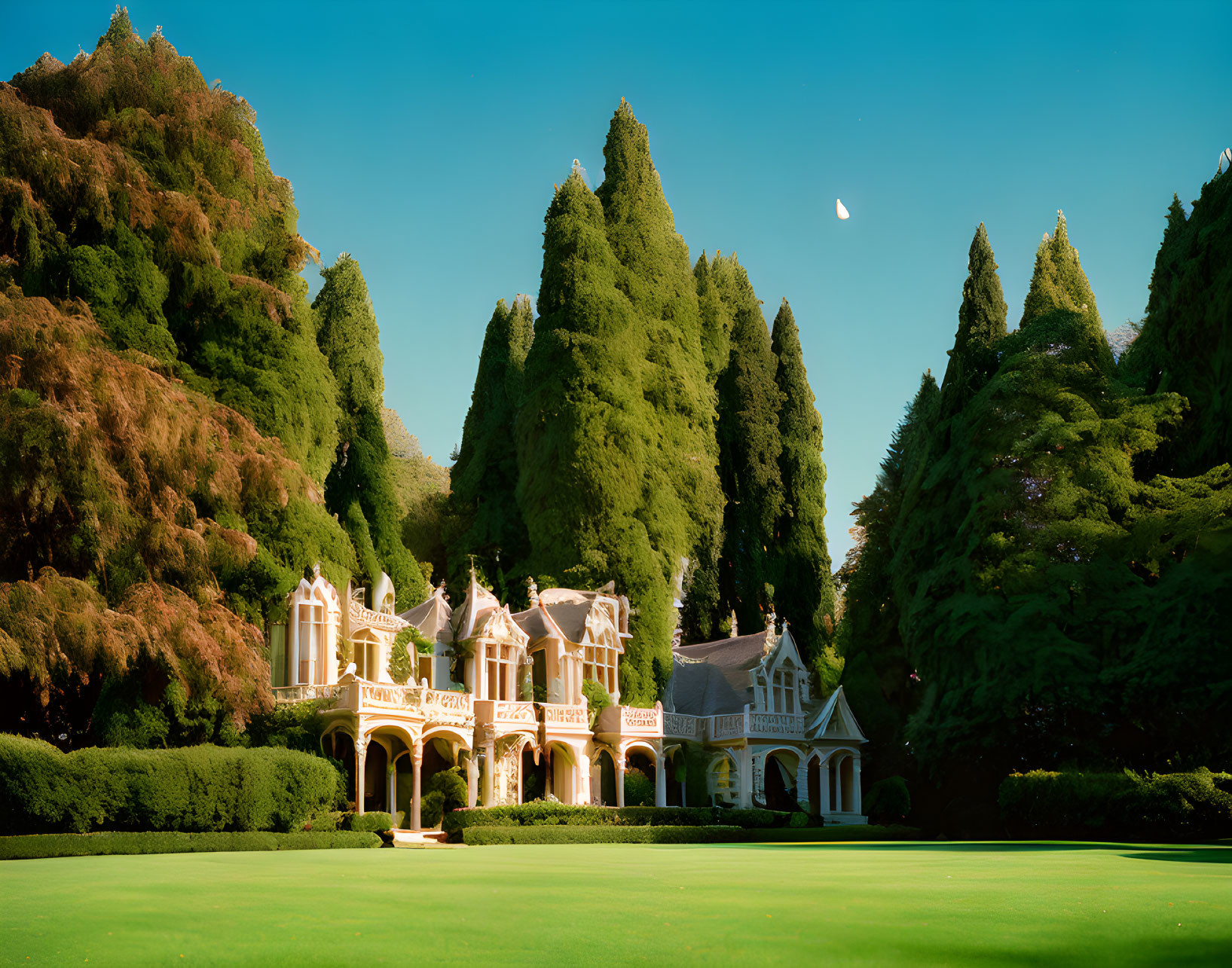 Classical façade stately home surrounded by lush trees and manicured lawns