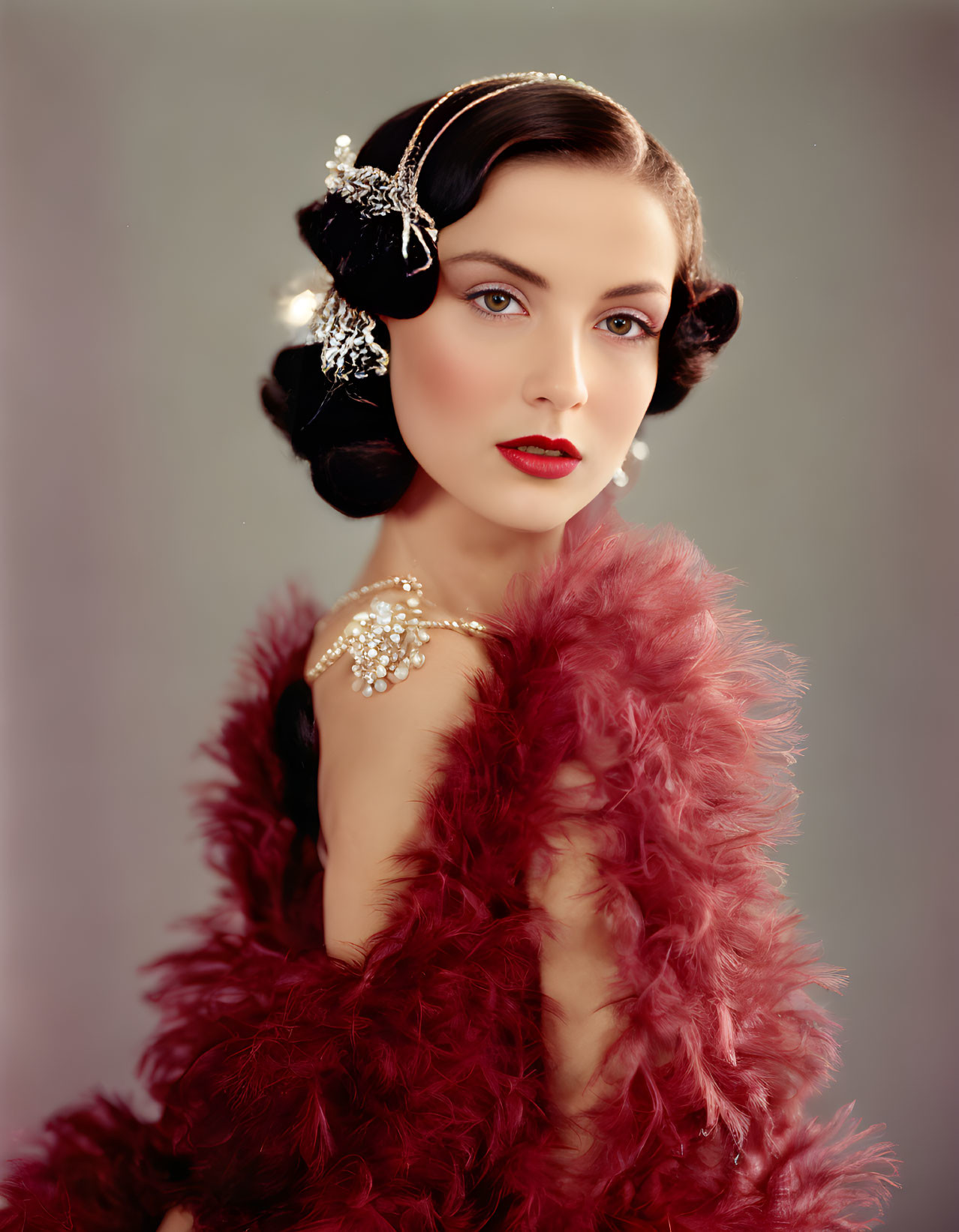 Vintage portrait of woman with styled hair, jeweled accessory, and marabou feather boa