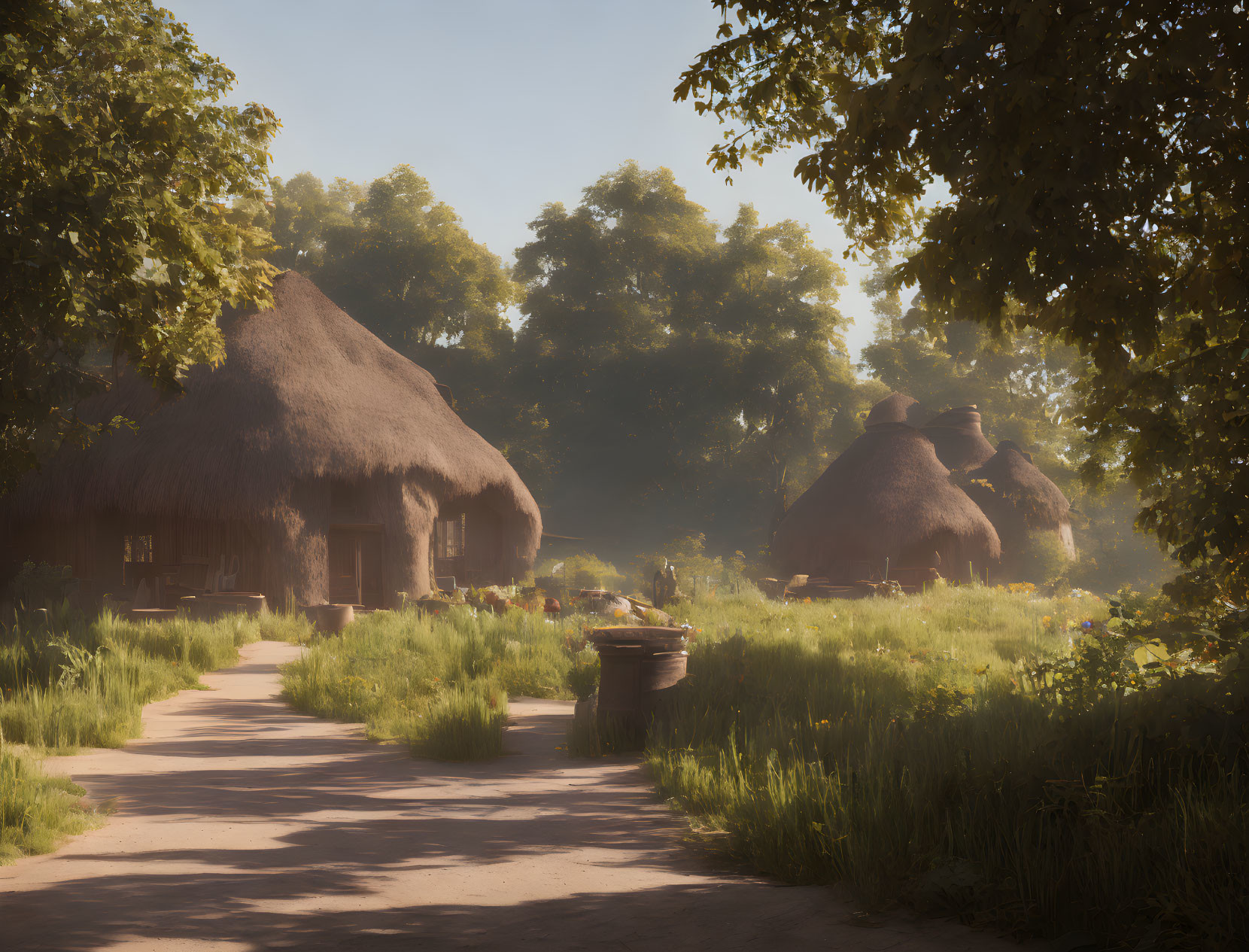 Tranquil village scene: Thatched-roof cottages, sunlit path, lush greenery