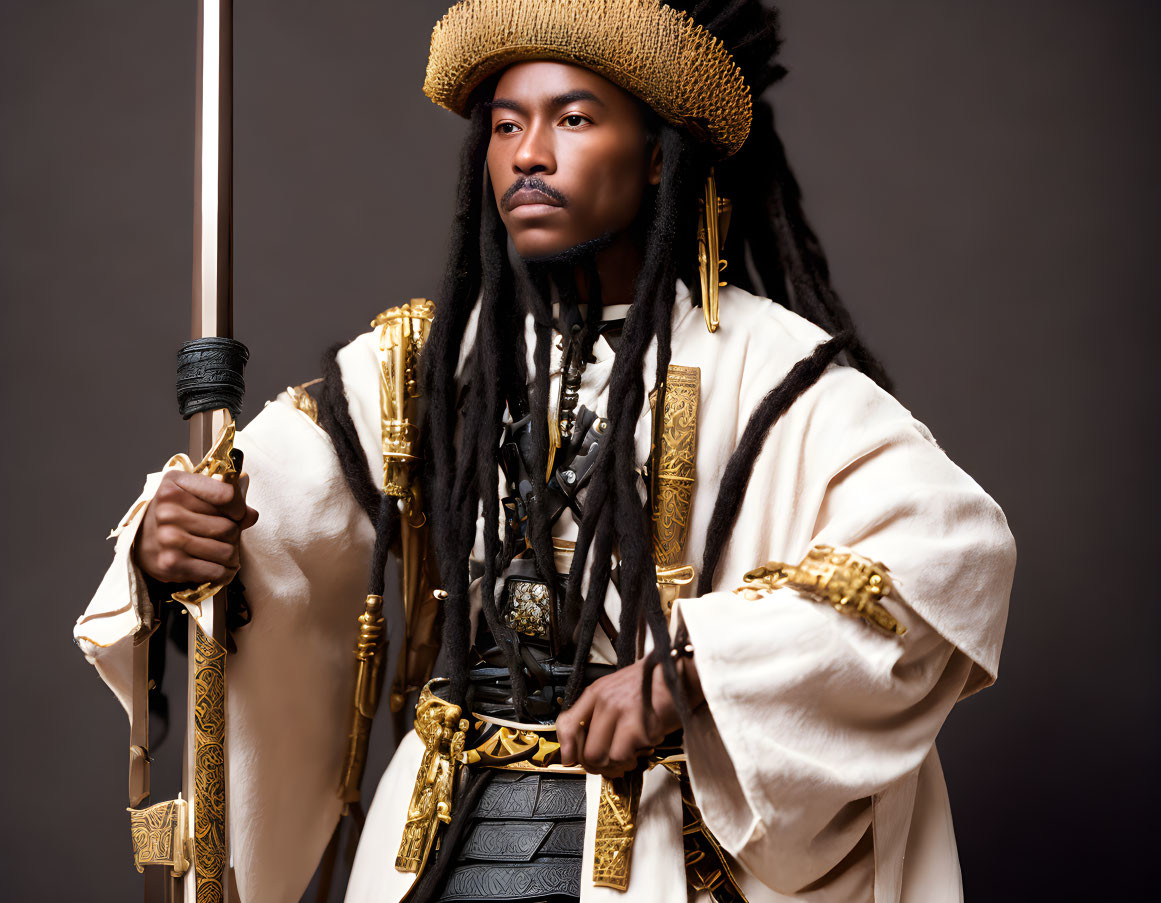 Historical warrior in braided hair and golden armor with spear on dark background