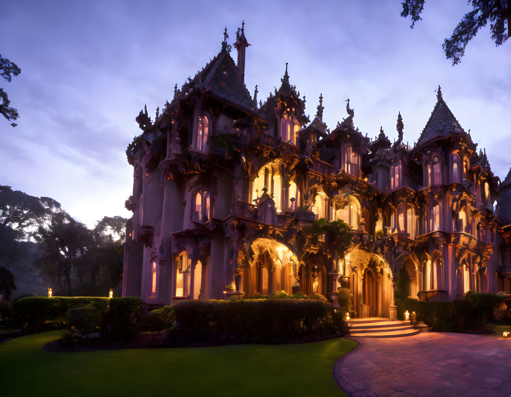 Gothic-style mansion with intricate architecture and warm lights at twilight