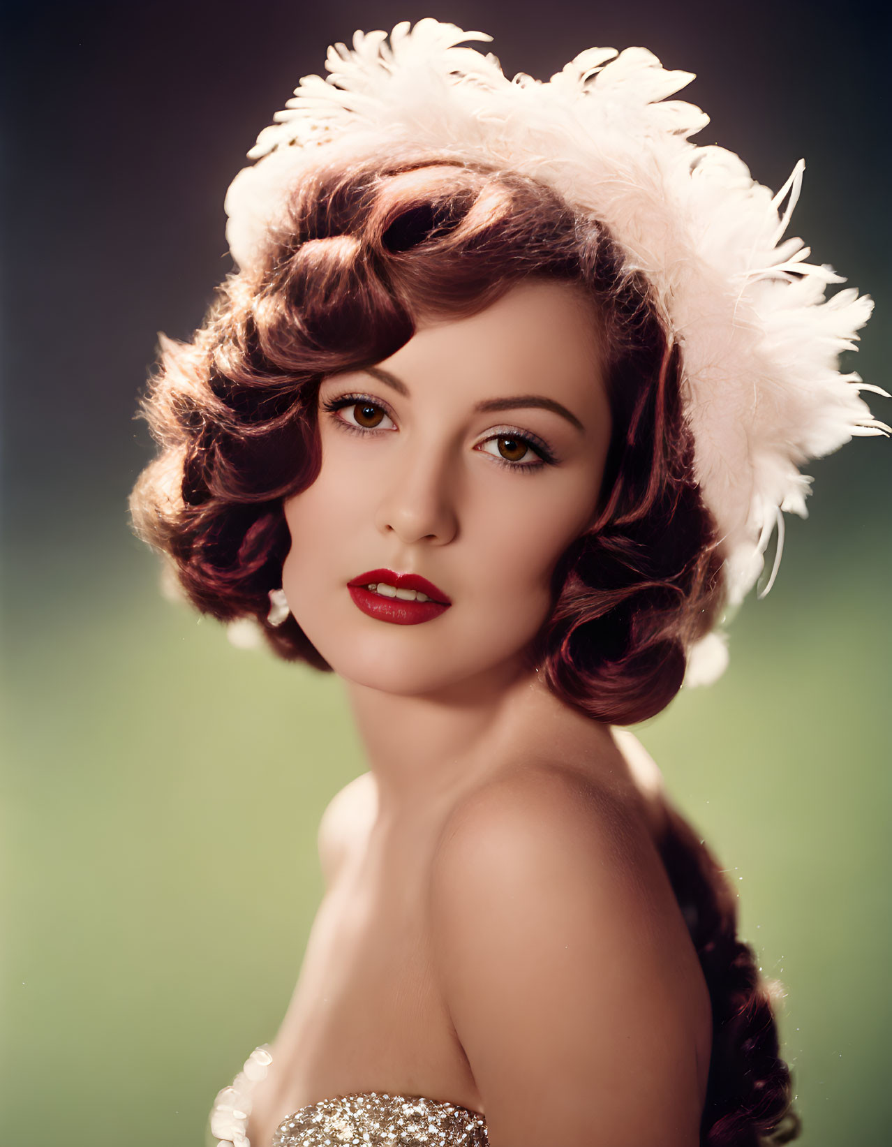 Vintage Portrait of Woman with Wavy Hair and Feathers in Elegant Dress