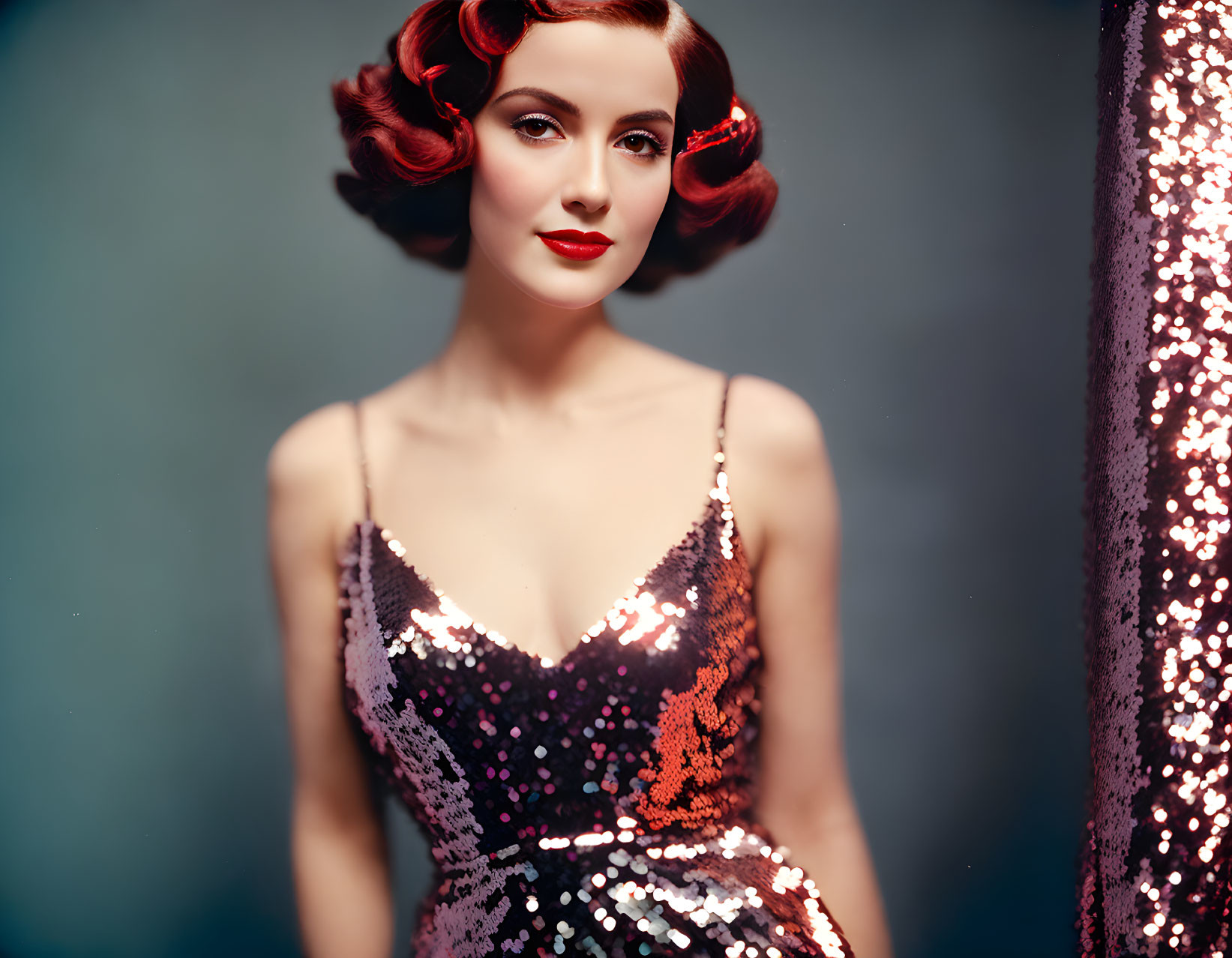 Vintage Red Hair Woman in Sequined Dress with Bokeh Background