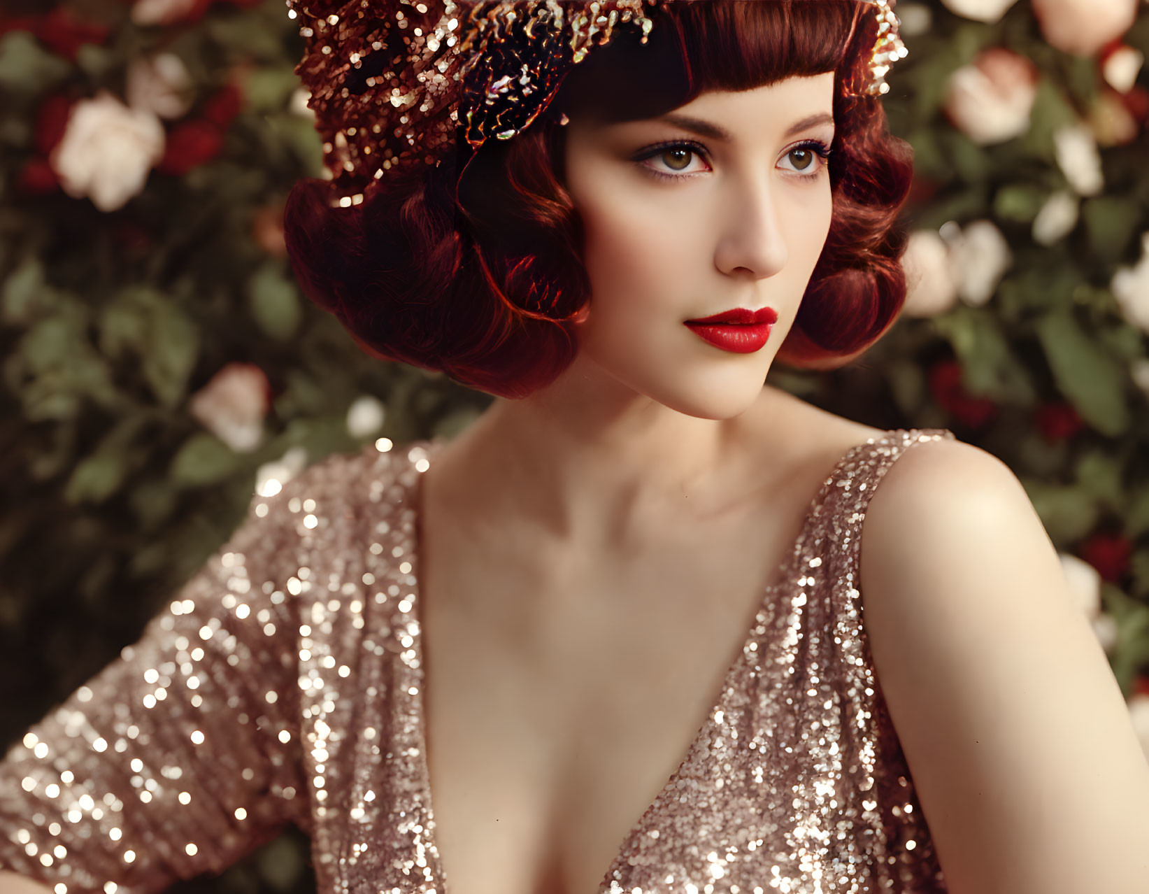 Red-haired woman in vintage waves, sequined dress, and roses - 1920s aesthetic