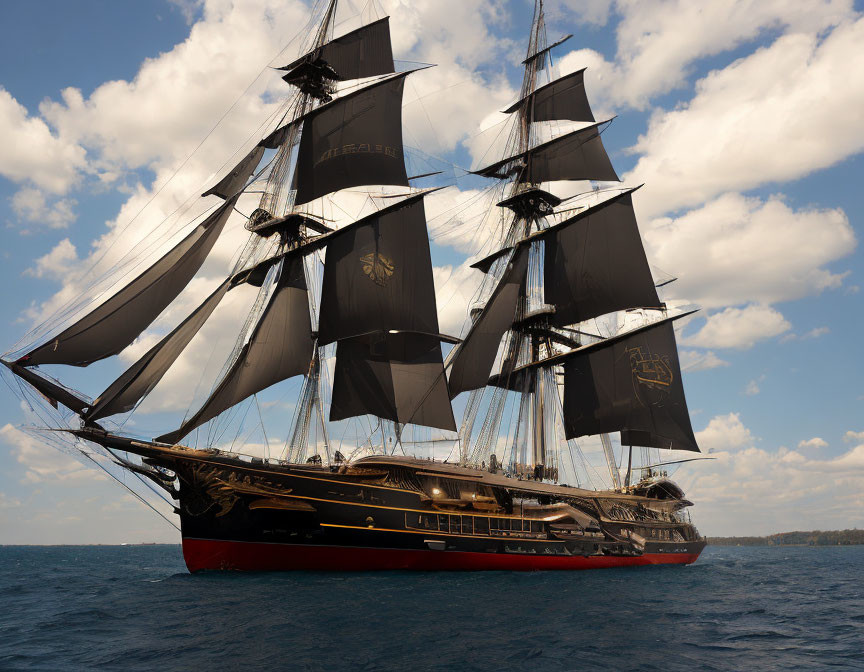 Tall ship with multiple sails gliding on the sea under cloudy sky