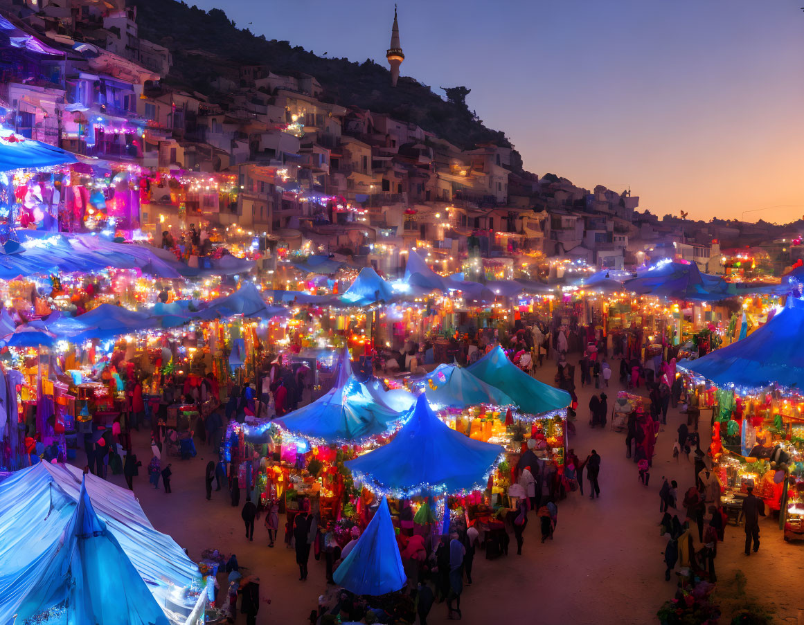 Colorful night market in hillside town with illuminated stalls and tower.