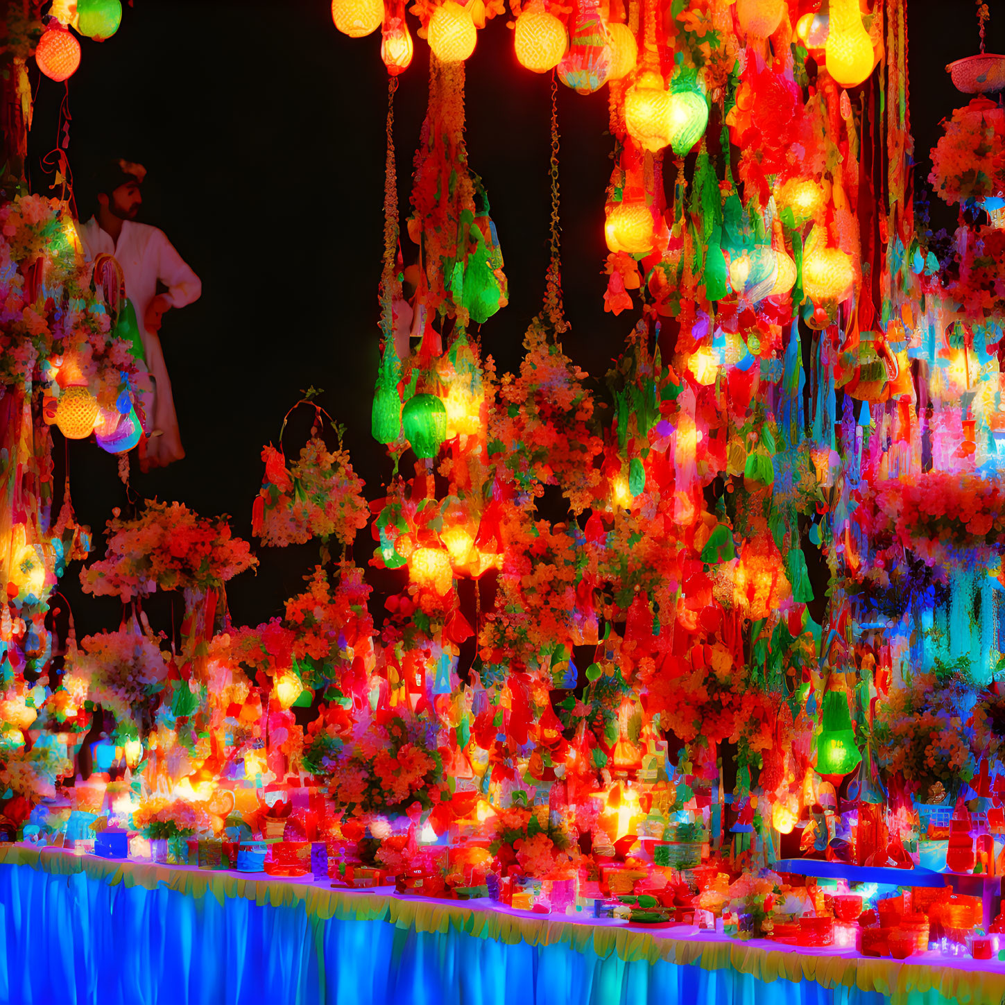 Colorful lanterns and flowers in vibrant display under dark background with observer.